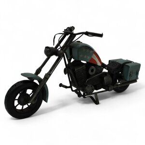 Vintage Metal Motorcycle Model With American Flag Design & Saddlebags